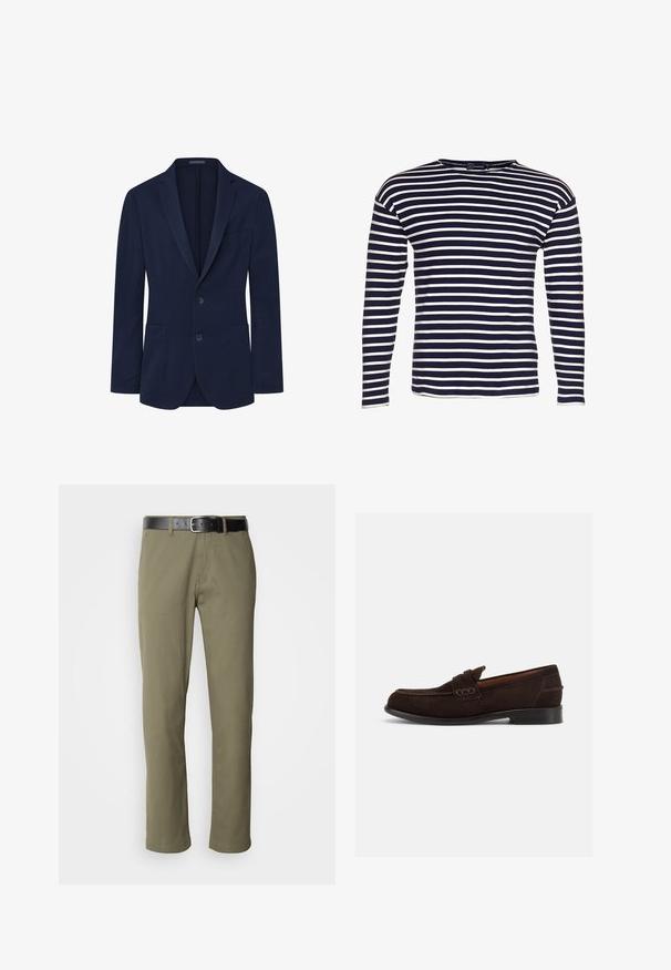 Marineblazer met een gladde textuur, enkelvoudig ontwerp, twee knopen, gelapte revers en twee voorzakken. Eenvoudige en gestructureerde vorm.; Armor lux LOCTUDY MARINIÈRE - Longsleeve - navire/nature; Olivengroene rechte broek van katoen, met een zwarte leren riem, zichtbare stiksels en zijzakken.; Donkerbruine suède herenslipper met decoratieve stiksels en lage hak, vanaf de buitenkant getoond tegen een eenvoudige lichte achtergrond.