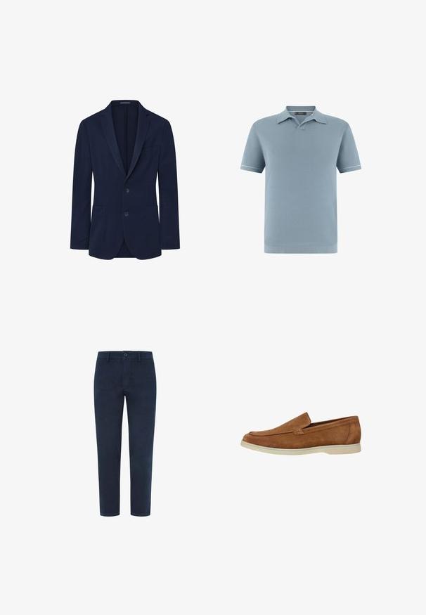 Blazer navy de textura suave, diseño de un solo botón, con dos botones, solapas con muesca y dos bolsillos frontales. Forma simple y estructurada.; Polo de manga corta color azul claro con cuello abierto y ribete blanco contrastante en los puños, presentado sobre un fondo blanco.; Chinos de algodón azul marino con cierre de botón, patas rectas y una textura suave. Presenta bolsillos laterales y un bolsillo trasero.; Mocasín de ante marrón sin cordones con suela de goma beige, vista lateral, diseño sencillo, calzado casual para hombre.