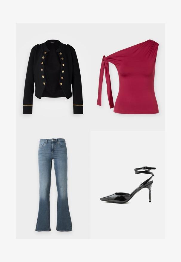 Sort cropped jakke lavet af blødt materiale, med store guldknapper og en gylden accentstribe på ærmerne. Klassisk militærdesign.; Lynløs one-shoulder top i vinrød med knudedetalje i siden og tætsiddende silhuet mod en ensfarvet lys grå baggrund.; Lyseblå jeans i denim med høj talje, knap- og lynlåslukning, lommer foran og bagpå samt vide ben.; Sort laklæder spids tå stilet hæl med tynde ankremme og lille spænde.