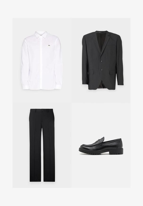 Zwarte colbert met streepdessin, twee-knoopsluiting, notch revers, zijzakken, enkele borstzak en gevoerde binnenzijde. Getailleerde pasvorm.; Witte lange mouwen shirt van katoen, met een button-down kraag, een groen geborduurd logo op de linkerkant van de borst en rechte mouwen.; Zwarte, op maat gemaakte broek met een rechte pijp, zachte stof, voorvouwen en een enkele knoopsluiting in de taille.; Zwarte leren instappers met een ronde neus, slip-on ontwerp en dikke rubberen zool met een gestructureerde grip. Verhoogde hak en subtiele stikdetails.