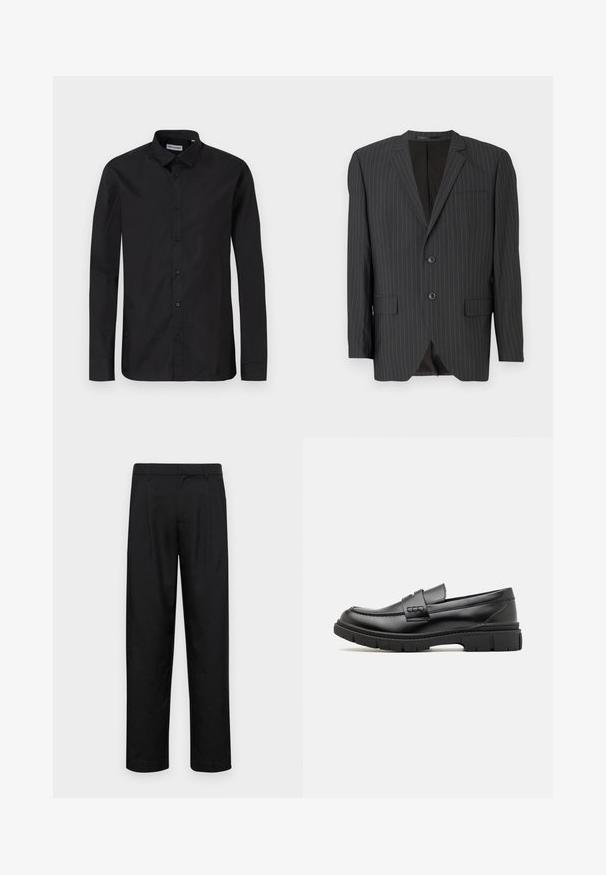 Sort blazer med smalle striber, to-knaps lukning, klapkraver, sidelommer, enkelt brystlomme og foret inderside. Skræddersyet pasform.; Sorte langærmede skjorte med klassisk krave, lavet af glat stof, med frontknapper og en almindelig pasform.; Sorte bukser lavet af glat stof, med et lige ben-design, to frontfolder og en standard talje med bæltestropper.; Sort læder loafersko med en bred rem over forfoden, gummisål med tykke mønstre og glat overflade. Klassisk, slankt design.