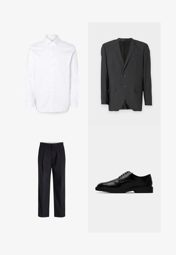 Blazer negro a rayas con cierre de dos botones, solapas de muesca, bolsillos laterales, bolsillo en el pecho y forro interior. Ajuste entallado.; Camisa blanca de manga larga con cuello clásico y puños abotonados.; Pantalones negros de tiro recto con cinturilla, trabillas, cremallera frontal y bolsillos laterales mostrados sobre un fondo blanco.; Zapato de vestir de cuero negro con un acabado liso, puntera redondeada, diseño de cordones y suela de goma discreta para mayor tracción.