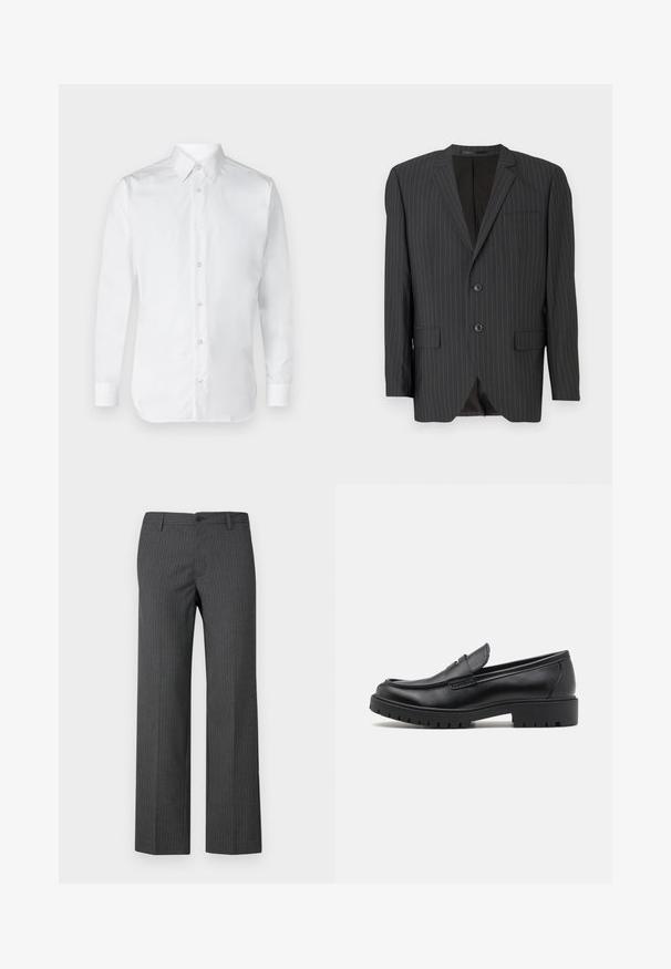 Blazer noir à rayures avec fermeture à deux boutons, revers crantés, poches latérales, poche poitrine simple et intérieur doublé. Coupe ajustée.; Chemise blanche à manches longues, en tissu coton lisse, avec un col classique et un subtil éclat. Cinq boutons sur le devant.; Pantalons gris à rayures fabriqués en tissu tailleur, présentant une coupe droite, des poches avant et une fermeture à bouton à la taille.; Mocassins en cuir noir avec un bout arrondi, un design à enfiler et une semelle en caoutchouc épaisse avec une texture antidérapante. Talon surélevé et détails de surpiqûre subtils.