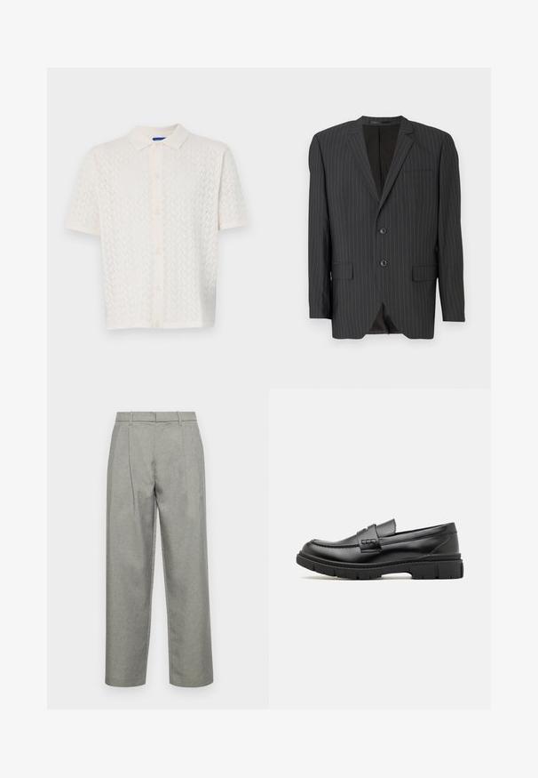 Zwarte colbert met streepdessin, twee-knoopsluiting, notch revers, zijzakken, enkele borstzak en gevoerde binnenzijde. Getailleerde pasvorm.; Korte mouw polo in off-white, met een textuurpatroon, knoopsluiting aan de voorkant en een klassiek kraagontwerp.; Grijze op maat gemaakte broeken van gestructureerde stof, met een klassieke rechte pijpdesign, voorplooien en een standaard tailleband met riemlussen.; Zwarte leren instapper met een brede band over de voet, rubberen zool met dikke noppen en een gladde textuur. Klassiek, strak ontwerp.