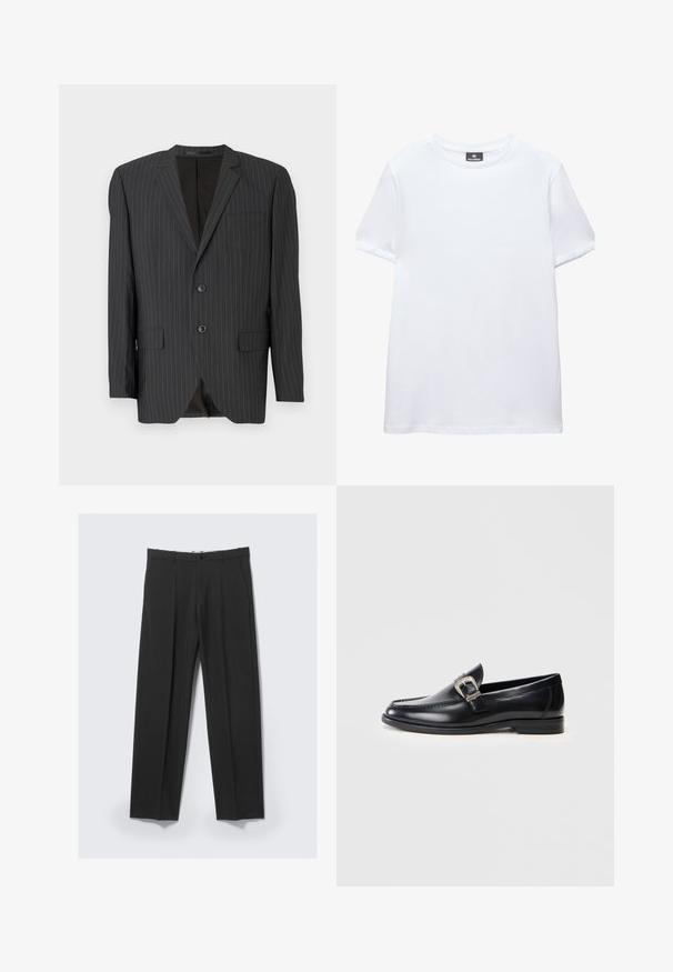 Blazer noir à rayures avec fermeture à deux boutons, revers crantés, poches latérales, poche poitrine simple et intérieur doublé. Coupe ajustée.; T-shirt blanc uni à manches courtes, col rond, avec une étiquette noire Pull&Bear à l'intérieur du col, présenté sur fond blanc.; Pantalon noir ajusté avec plis avant, poches latérales, passants de ceinture et fermeture par bouton à la taille sur un fond clair.; Mocassins en cuir noir avec un bout arrondi, des coutures détaillées, un accent en boucle argentée et un talon bas. Texture lisse avec une finition polie.