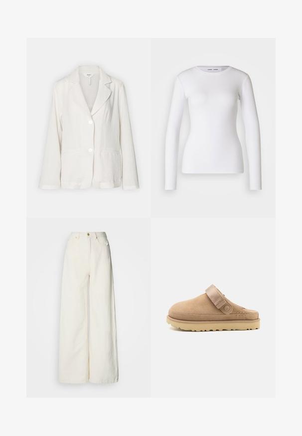 Blazer blanco con textura, cuello con solapa, mangas largas y dos bolsillos frontales. Acabado con dos botones y un dobladillo ligeramente recortado.; Camisa blanca de manga larga hecha de tela acanalada, con un cuello redondo y una forma ajustada. No presenta patrones ni detalles.; Pantalones de pierna ancha confeccionados con tela ligera en color blanco roto. Presentan cintura alta, bolsillos delanteros y cierre con botones.; Zueco de ante en beige con parte superior texturizada, correa ajustable y una suela de goma robusta con un patrón de tacos para un mejor agarre.