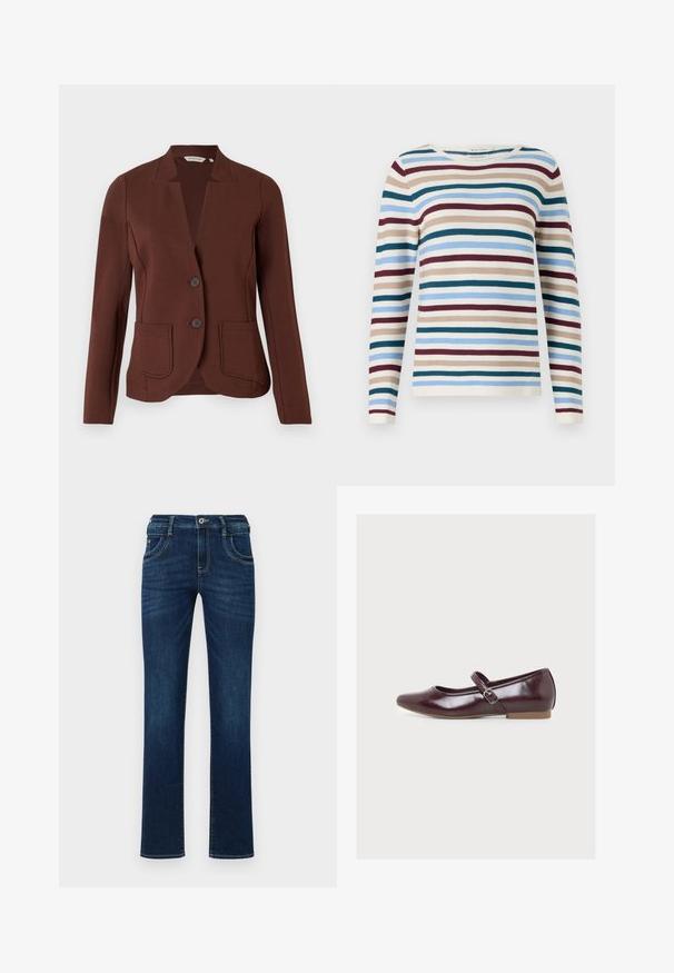 Brauner maßgeschneiderter Blazer aus geripptem Stoff, mit einem Reverskragen, zwei vorderen Taschen und zwei Knopfverschluss.; TOM TAILOR NEW OTTOMAN - Strickpullover - teal-colored; Dunkelblaue Denim-Jeans mit geradem Bein, fünf Taschen, und einem standardmäßigen Knopfverschluss. Verfügt über dezente Stickdetails.; Glänzender dunkelroter Mary Jane Ballerina mit seitlichem Schnallenriemen und flacher hellbrauner Sohle, aus der linken Seitenansicht vor weißem Hintergrund dargestellt.