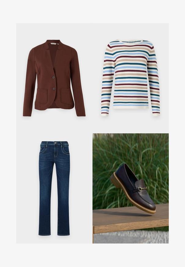 Bruine op maat gemaakte blazer van ribbelstof, met een opstaande kraag, twee voorzakken en een sluiting met twee knopen.; TOM TAILOR NEW OTTOMAN - Trui - teal-colored; Donkerblauwe denim jeans met een rechte pijp, vijf zakken en een standaard knoopsluiting. Bevat subtiele stikdetails.; Donkerbruine leren loafer met houten zool en gouden metalen detail, hangend boven een houten bank met groene grasachtergrond.