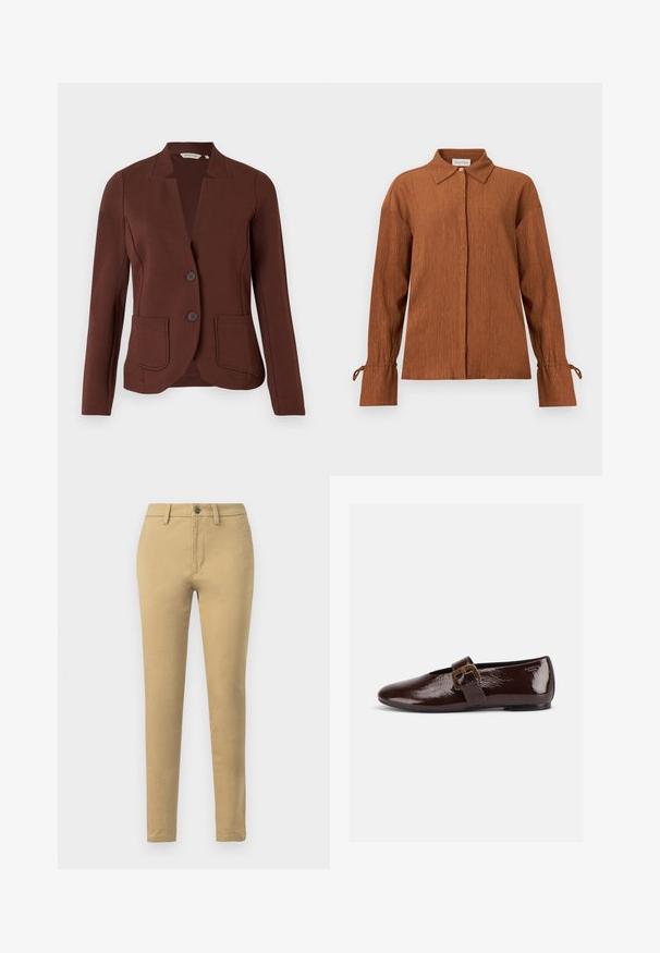 Blazer marron sur mesure en tissu côtelé, avec un col en pointe, deux poches avant et une fermeture à deux boutons.; Blouse marron à manches longues texturée, avec col pointu, boutons cachés à l’avant et poignets noués sur fond uni.; Chinos kaki en tissu en mélange de coton, à coupe slim, avec passants de ceinture, poches avant et fermeture à un bouton.; Chaussure plate en cuir verni marron foncé avec une large bride à boucle dorée et un bout arrondi, présentée de profil sur fond blanc.
