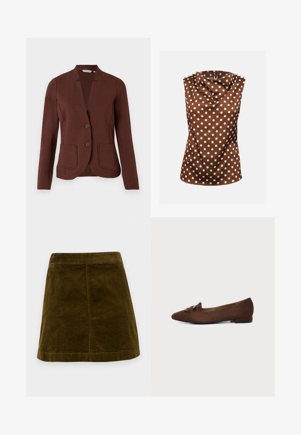 Bruine op maat gemaakte blazer van ribbelstof, met een opstaande kraag, twee voorzakken en een sluiting met twee knopen.; Mouwloze bruine blouse met witte polkadots, gedrapeerde hoge halslijn en decoratieve knopen op de schouders.; Bruine corduroy mini-rok met verticale ribbels, rechte snit en een schone zoom. Beschikt over een eenvoudige tailleband zonder versieringen.; Bruine platte schoen met puntige neus en decoratief gespdetail bovenop, tegen een effen lichte achtergrond.