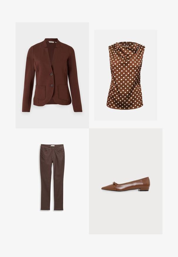 Blazer marron sur mesure en tissu côtelé, avec un col en pointe, deux poches avant et une fermeture à deux boutons.; Blouse marron sans manches avec des pois blancs, col haut drapé et boutons décoratifs aux épaules.; Pantalons slim fit marron foncé avec poches avant, passants de ceinture et fermeture à deux boutons sur fond blanc.; Chaussure plate en cuir marron à bout pointu avec un petit talon et une fine lanière sur le devant, sur un fond blanc uni.