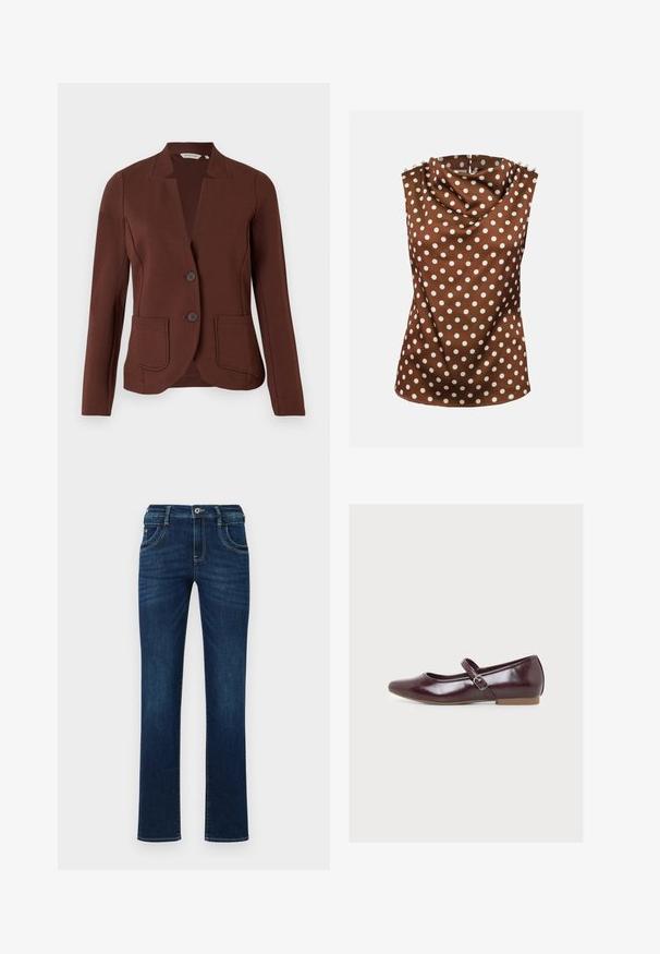 Brauner maßgeschneiderter Blazer aus geripptem Stoff, mit einem Reverskragen, zwei vorderen Taschen und zwei Knopfverschluss.; Ärmellose braune Bluse mit weißen Polka-Punkten, drapiertem hohem Ausschnitt und dekorativen Knöpfen auf den Schultern.; Dunkelblaue Denim-Jeans mit geradem Bein, fünf Taschen, und einem standardmäßigen Knopfverschluss. Verfügt über dezente Stickdetails.; Glänzender dunkelroter Mary Jane Ballerina mit seitlichem Schnallenriemen und flacher hellbrauner Sohle, aus der linken Seitenansicht vor weißem Hintergrund dargestellt.