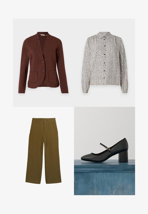 Blazer marron sur mesure en tissu côtelé, avec un col en pointe, deux poches avant et une fermeture à deux boutons.; Chemise boutonnée crème avec des éclaboussures noires, dotée d'un col, de longues manches et de poignets élastiques. Fabriquée à partir d'un tissu léger et lisse.; Pantalons à jambes larges en tissu vert olive, présentant une texture lisse et sans fermetures visibles. Conçus pour un ajustement décontracté avec des lignes épurées.; Chaussure Mary Jane noire avec talon carré et sangle à boucle dorée, flottant au-dessus d'un sol en béton lisse dans un cadre intérieur minimaliste.