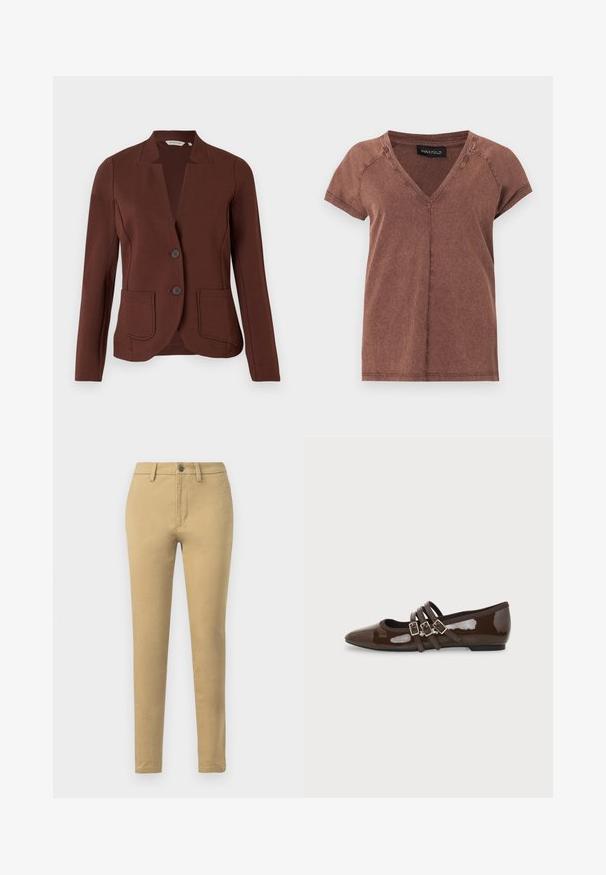 Blazer marrón a medida hecho de tela acanalada, con solapa, dos bolsillos frontales y cierre de dos botones.; Camiseta marrón de manga corta con escote en V, costuras visibles y una etiqueta negra "ANNA FIELD" en el interior del cuello.; Chinos caqui hechos de una mezcla de algodón, con un ajuste slim, trabillas para cinturón, bolsillos frontales y un cierre de un solo botón.; Zapato plano de charol marrón con punta en forma de pico y tres correas ajustables con hebilla en el lateral, mostrado desde el perfil exterior.