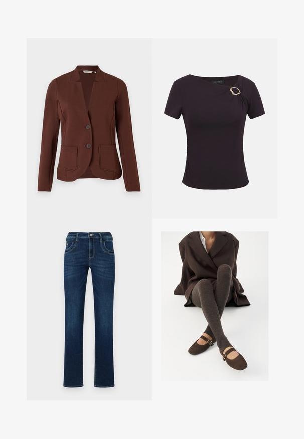Bruine op maat gemaakte blazer van ribbelstof, met een opstaande kraag, twee voorzakken en een sluiting met twee knopen.; Donkerpaars nauwsluitend topje met korte mouwen, asymmetrische halslijn en een decoratieve gouden ovale gesp op de linker schouder.; Donkerblauwe denim jeans met een rechte pijp, vijf zakken en een standaard knoopsluiting. Bevat subtiele stikdetails.; Bruine geribbelde kniekousen gecombineerd met bruine suède Mary Jane-flats met een decoratieve strap en gesp, gedragen met een donkere jas.