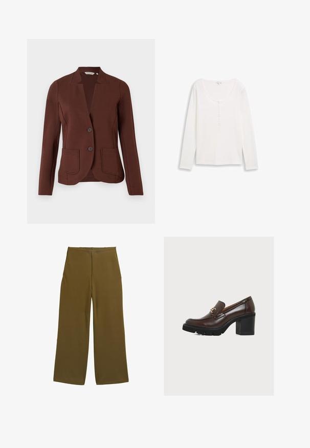 Brauner maßgeschneiderter Blazer aus geripptem Stoff, mit einem Reverskragen, zwei vorderen Taschen und zwei Knopfverschluss.; Weißes, geripptes Langarmoberteil mit rundem Halsausschnitt und einer teilweisen Knopfleiste. Weicher Stoff, taillierte Passform und minimalistischer Stil.; Weite Hosen aus olivgrünem Stoff mit glatter Textur und ohne sichtbare Verschlüsse. Entworfen für eine lockere Passform mit klaren Linien.; Dunkelbrauner Lederloafer mit klobigem schwarzem Absatz und goldener Schnallendetail auf weißem Hintergrund, Seitenansicht.