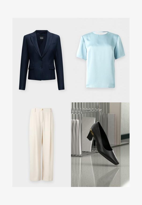 Γυναικείο tailored blazer σε ναυτικό μπλε χρώμα με δύο μπροστινά κουμπιά, όχιched πέτα, τσέπες με καπάκι και ετικέτα της μάρκας BOSS μέσα στον γιακά.; Φωτεινός γαλάζιος σατέν μπλουζάκι με κοντά μανίκια και στρογγυλή λαιμόκοψη, παρουσιάζεται σε απλό λευκό φόντο.; Μπεζ παντελόνι με φαρδιά μπάρα και υφασμάτινη υφή, με ένα κουμπί κλεισίματος, πλαϊνές τσέπες και άνετη εφαρμογή για άνετη φορεσιά.; Γυναικείο μαύρο δερμάτινο παπούτσι με χαμηλό τακούνι και χρυσή λεπτομέρεια κοντά στη φτέρνα, τοποθετημένο μπροστά από σύρμα βιβλιοθήκης με όρθια βιβλία σε αντανακλαστική επιφάνεια.