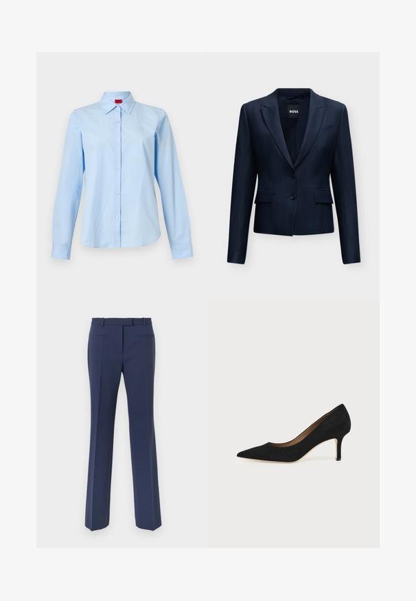 Blazer tailleur bleu marine pour femme avec deux boutons sur le devant, revers crantés, poches à rabat et étiquette de la marque BOSS à l'intérieur du col.; Chemise bleu clair à manches longues avec col pointu et petit logo sur la poitrine gauche, présentée sur un fond blanc uni.; Pantalon bleu marine à jambes droites, avec une texture lisse, des passants pour ceinture et deux poches avant.; Escarpin en daim noir à bout pointu avec un talon stiletto fin de hauteur moyenne et un design à coupe basse sur un fond uni.