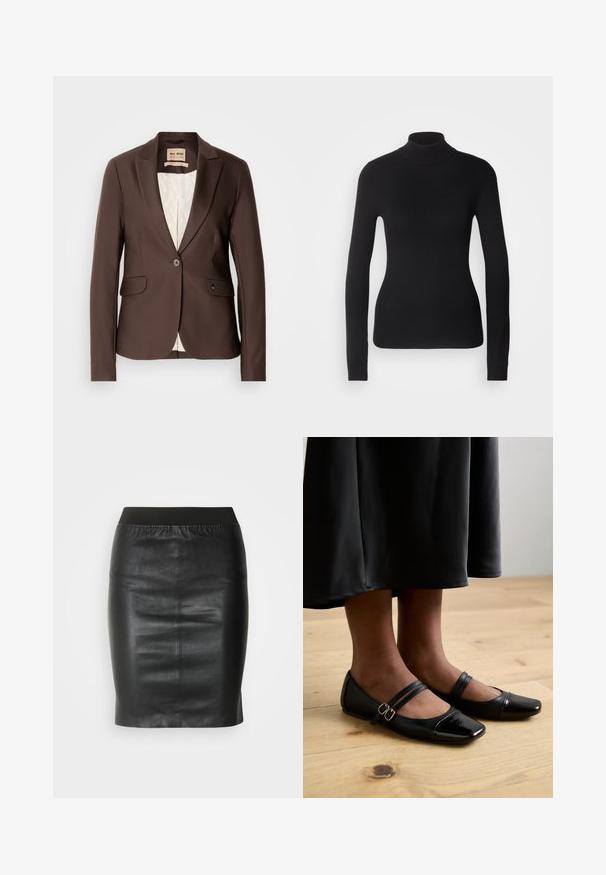 Bruine blazer met een soepele textuur, sluiting met één knoop, twee voorkzaken en een contrasterende lichtgekleurde voering.; Zwarte coltrui gemaakt van lichte brei stof. Heeft lange mouwen, een aansluitend design en een zachte ribbeltextuur.; Zwarte kokerrok van soepel leer, met een elastische tailleband voor een aansluitende pasvorm en een minimalistisch ontwerp.; Zwarte gepatineerde leren ballerina's met een vierkante neus, voorzien van twee banden met gespen. De zolen zijn plat op een lichte houten vloer.