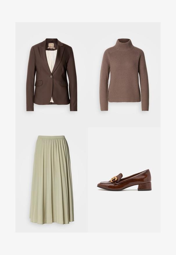 Blazer marron avec une texture lisse, fermeture à un bouton, deux poches avant et une doublure de couleur claire contrastante.; Mos Mosh THYRA HIGHNECK - Pullover - braun; Jupe longue plissée en tissu vert clair et doux. Caractérisée par une taille élastique et un design fluide, avec des plis uniformes sur toute la surface.; Mocassins en cuir marron avec une finition brillante, dotés d'une boucle décorative en or à l'avant et d'un talon bas. Design classique.