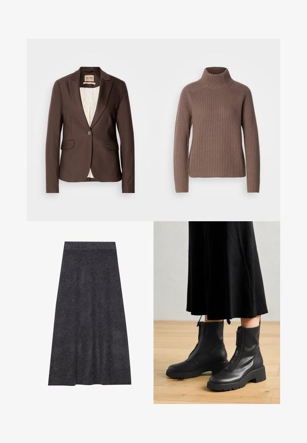 Blazer marron avec une texture lisse, fermeture à un bouton, deux poches avant et une doublure de couleur claire contrastante.; Mos Mosh THYRA HIGHNECK - Pullover - braun; Jupe en maille gris foncé, longueur genou, avec une texture lisse et une ceinture. Silhouette en A avec un ourlet uniforme, conçue pour le confort et la polyvalence.; Bottines en cuir noir avec une semelle plateforme épaisse et une fermeture éclair à l'avant. Texture lisse avec un design minimaliste.