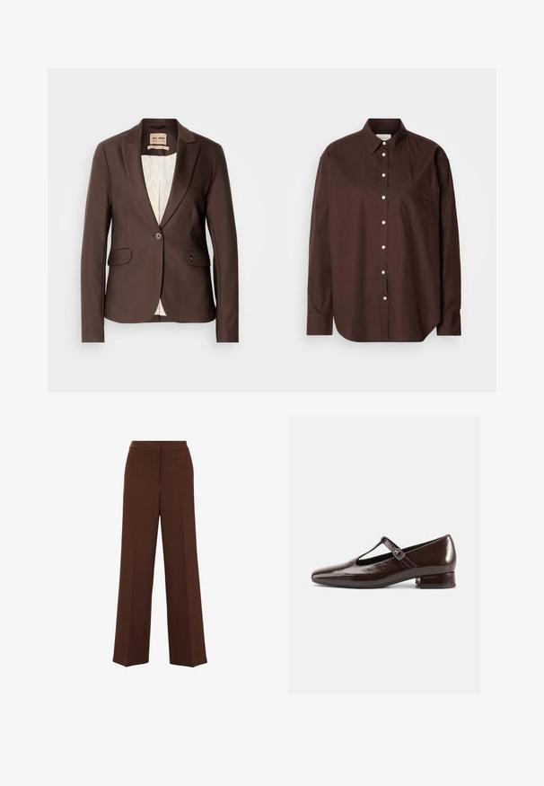 Bruine blazer met een soepele textuur, sluiting met één knoop, twee voorkzaken en een contrasterende lichtgekleurde voering.; Bruine button-down shirt van katoen, met lange mouwen, een borstzak, witte knopen en een klassiek kraagontwerp.; Bruine brede broek met een gladde textuur, voorzien van een gestructureerde tailleband en subtiele vouwdetails die aan de voorkant lopen.; Bruine lakleren Mary Jane-schoenen met een afgeronde neus, een uitgesneden ontwerp en een verstelbare riem. Lage blokhak.