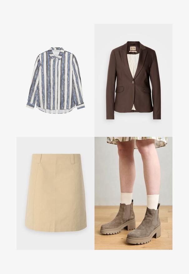 Brun blazer med en glat tekstur, enkelt knaplukning, to forlommer og en kontrasterende lysfarvet foer.; Button-up skjorte med lodrette striber i nuancer af blå, sort og hvid. Fremstillet af glat stof med klassisk krave og knaplukning.; Beige bomuldsnederdel med en lige form, der har frontfald, sidelommer og syede detaljer langs sømmene.; Tamaris Plateaustøvletter - taupe