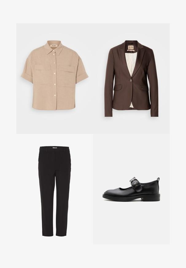 Brun blazer med en glat tekstur, enkelt knaplukning, to forlommer og en kontrasterende lysfarvet foer.; Beige kortærmet skjorte i hør med spidse kraver, to forlommer og hvide knapper. Løs pasform, glat tekstur.; Sorte bukser med lige ben, taljebånd, bæltestropper og skjult forlukning foran, vist på hvid baggrund.; Sort læder Mary Jane-sko med tyk sål, rundet tå, sølvspænde og trækflig bagpå.