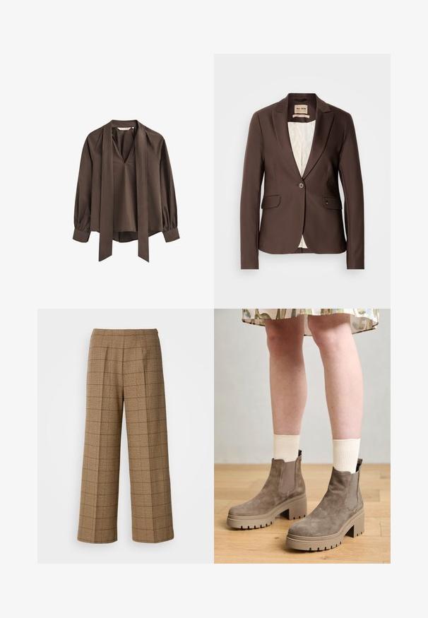Brun blazer med en glat tekstur, enkelt knaplukning, to forlommer og en kontrasterende lysfarvet foer.; Brun langærmet bluse med dyb V-udskæring, fastgjort bred slips og rynkede manchetter.; Brune ternede bukser med vidde og skræddersyet pasform, der har et struktureret stof og forhåndsfolder for ekstra struktur.; Tamaris Plateaustøvletter - taupe