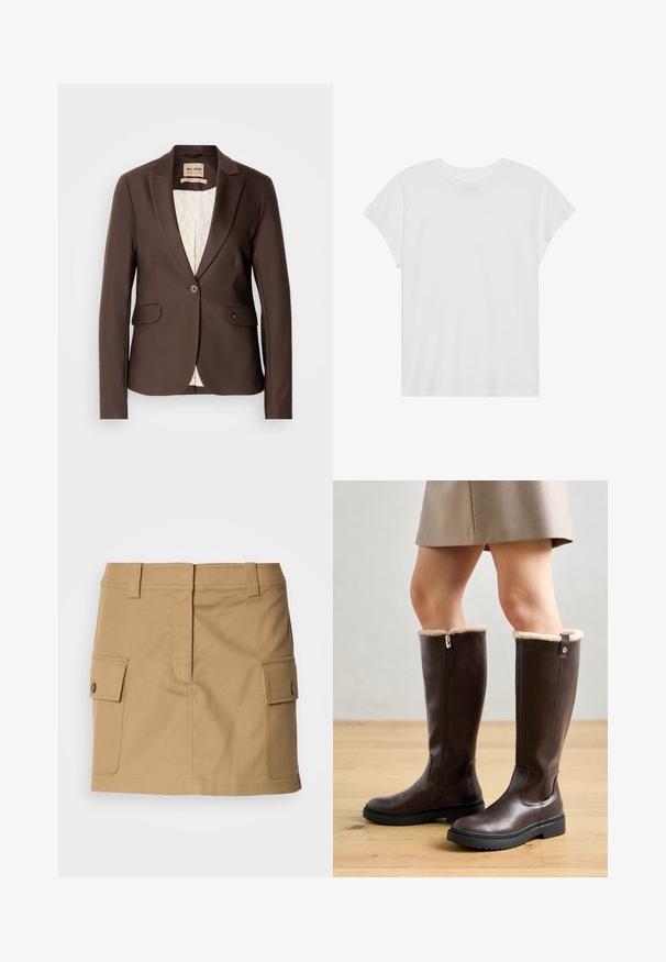 Brun blazer med en glat tekstur, enkelt knaplukning, to forlommer og en kontrasterende lysfarvet foer.; Hvid kortærmet t-shirt med rund hals, afslappet pasform, lavet af blødt bomuldsstof. Glat tekstur, ingen mønstre eller logoer.; Khaki bomuldsnederdel med en tætsiddende talje, to sidelommer med klaplukninger og lige snit. Holdbart materiale med en glat overflade.; Brune knæhøje støvler med en glat læderoverflade, imiteret pelskant øverst, lynlås i siden og en robust struktureret gummisål.