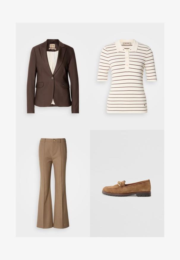Blazer marron avec une texture lisse, fermeture à un bouton, deux poches avant et une doublure de couleur claire contrastante.; Polo shirt côtelé crème avec des rayures horizontales marron. Doté d'un col, d'une patte de boutonnage et de manches courtes. Détail de logo discret à l'ourlet.; Pantalons évasés marron avec une texture lisse, dotés d'une fermeture à bouton sur le devant et de coutures verticales pour une meilleure structure.; Tamaris Chaussons - camel