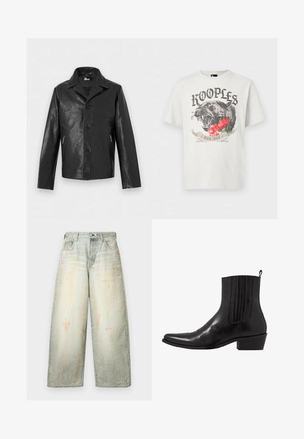 Veste en cuir noir boutonnée avec col pointu et poches latérales zippées, présentée sur un fond neutre.; T-shirt blanc avec une panthère noire rugissante, des fleurs rouges, le texte « KOOPLES » au-dessus et une bannière « WILD TOUR » en dessous du graphique au centre avant.; Jean en denim gris délavé à jambes larges, taille haute, fermeture à boutons devant, poches et détails légèrement usés.; Bottine noire en cuir avec un bout pointu, des panneaux latéraux élastiques, des accents de coutures verticales et un petit talon bloc.