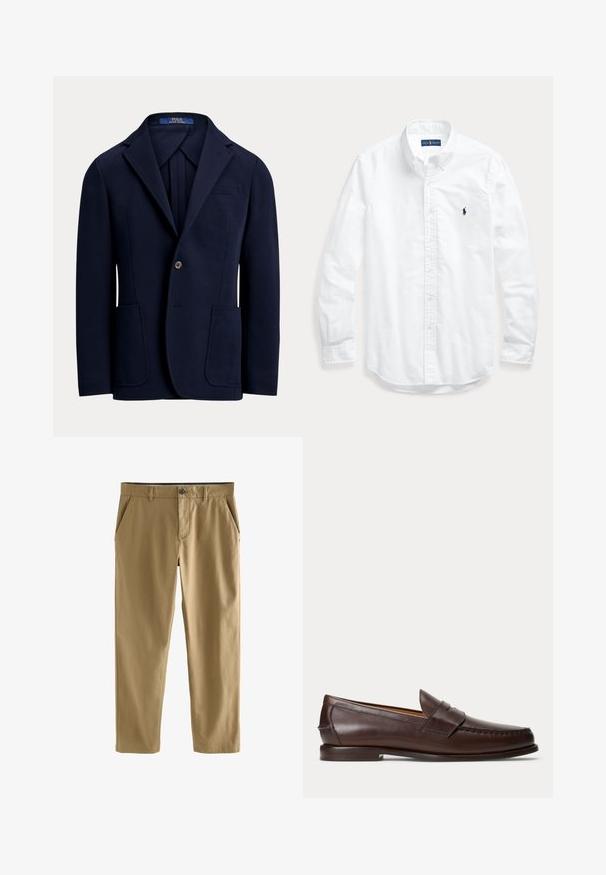 Marineblå enkeltknappet blazer med notch revers, to frontlaplommer, lukning med en knap og brystlomme.; Hvid skjorte med lange ærmer, knapper og krave, med lille mørkt logo på venstre bryst, lagt fladt på en lys baggrund.; Beige afslappede bukser med knap- og lynlås-lukning, bæltestropper og forlommer, vist på hvid baggrund.; Mørkebrune læder penny loafers med syningsdetaljer og lav stacket hæl, vist fra siden på en ensfarvet baggrund.