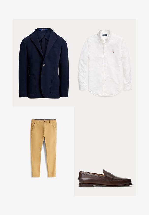 Marineblauw enkelrijks colbert met inkeping revers, twee opgestikte voorzakken, sluiting met één knoop en een borstpaspelzak.; Witte blouse met lange mouwen, knopen en kraag, met klein geborduurd logo op de linkerborst, plat gelegd op een effen achtergrond.; Lichtgele chino's met een gladde textuur, voorzien van twee zijzakken, een sluiting met een knop aan de voorkant en een taps toelopend ontwerp.; Donkerbruine leren penny loafer met stikseldetails en lage gestapelde hak, van opzij gezien op een effen achtergrond.