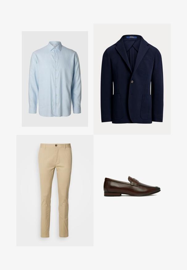 Marineblauer einreihiger Blazer mit Klappenschalkragen, zwei aufgesetzten Fronttaschen, einem Knopfverschluss und einer Brusttasche mit Paspel.; Helles blaugraues Langarmshirt aus weichem Stoff, mit klassischem Kragen und knöpfbarem Vorderteil mit sechs passenden Knöpfen.; Beige Chinos mit schmaler Passform, aus Baumwolle gefertigt. Mit Knopfverschluss, Gürtelschlaufen und subtilen Nähten an den Taschen.; Brauner Herrlederloafer mit niedrigem Absatz und Riemendetail über dem Vorderfuß, seitlich auf weißem Hintergrund gezeigt.