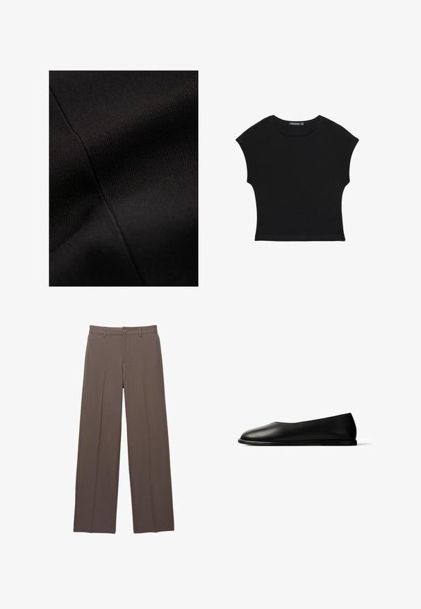 Lähikuva mustasta kankaasta, jossa näkyy vinottainen kude ja pystysuora ommeltu sauma.; Musta lyhythihainen crop-top pyöreällä pääntiellä ja hieman levenevällä vyötäröllä, valmistettu pehmeästä, kevyestä kankaasta.; Ruskea räätälöity housut, joissa on vyölenkit, nappisuljenta ja etupuolen laskos, valkoista taustaa vasten.; Musta nahkainen tasapohjainen kenkä pyöreällä kärjellä, esitetty sivulta valkoisella taustalla.