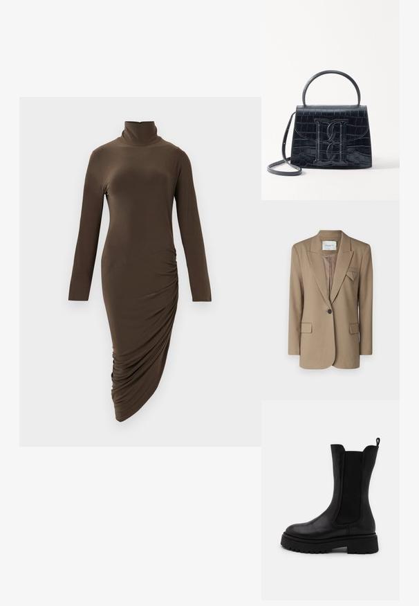 Brun blazer med et struktureret design, enkelt knaplukning, to forlomme og en trekantet akcent på kraven. Tekstureret stof.; Langærmet turtleneck kjole i mørkebrun, lavet af glat stof, med sidelæggedetaljer og en asymmetrisk kant.; Sorte ankelhøje støvler i glat læder med elastiske sidepaneler. Tykk gummisål med mønster og en tekstiltrækstrop bagpå.; Sort krokodillede læderhandbag med en struktureret design, top-håndtag, justerbar rem og et fremtrædende frontlogo.