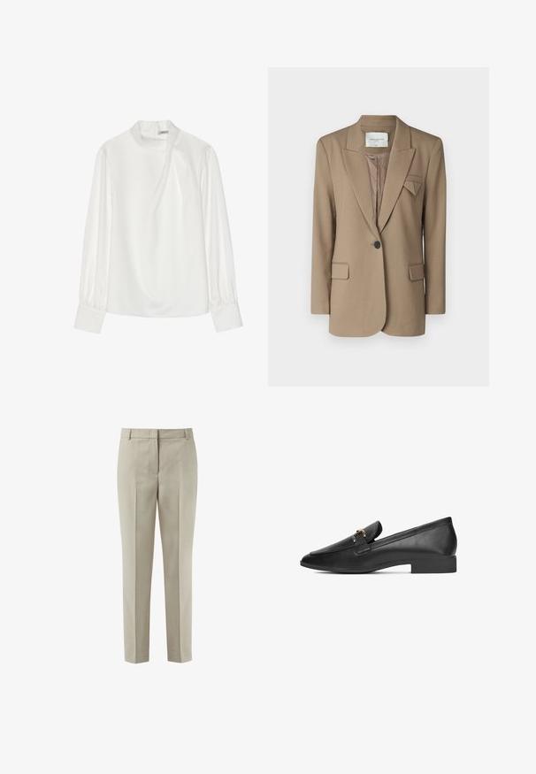 Bruine blazer met een gestructureerd ontwerp, één knoopsluiting, twee voorzakken en een driehoekig accent op het revers. Getextureerde stof.; Witte blouse met een hoge halslijn, lange pofmouwen en een ritssluiting aan de achterkant. Glad stof met een lichte glans en subtiele val.; Beige op maat gemaakte broek met een rechte pijp, gemaakt van een gestructureerde stof. Voorzien van voorplooien en een klassieke ritssluiting.; Zwarte leren loafers met een gladde textuur, een puntige neus en een decoratief gouden beslag aan de voorkant. Lage blokhak.