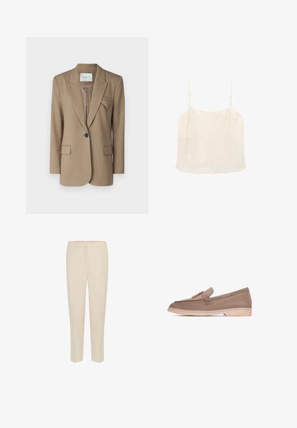Brun blazer med et struktureret design, enkelt knaplukning, to forlomme og en trekantet akcent på kraven. Tekstureret stof.; Flødefarvet ærmeløs camisole-top med tynde justerbare stropper og en lige halsudskæring på hvid baggrund.; Beige skræddersyede bukser med en glat tekstur, slim fit og smalnende ben. Har frontfolder og en mellemhøj talje.; Brune læder loafer med en glat tekstur, der har et dekorativt bånd og guldfarvet hardware, hviler på en lys beige gummisål.