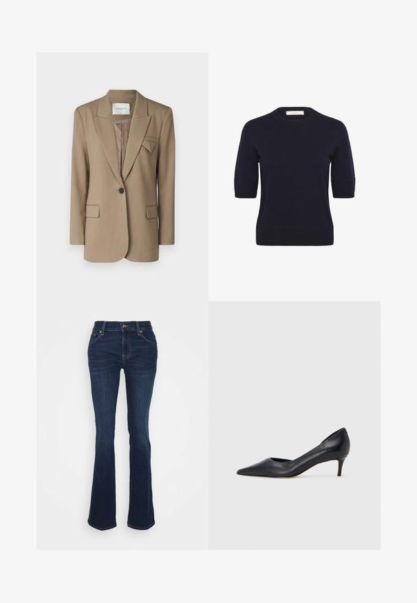 Brun blazer med et struktureret design, enkelt knaplukning, to forlomme og en trekantet akcent på kraven. Tekstureret stof.; Mørkeblå kortærmet strikket sweater med ribbet rund hals, ærmekanter og bundkant, vist mod en hvid baggrund.; Mørkeblå udvidede jeans lavet af denim; høj talje, fem lommer, guld hardware accenter og glat tekstur med subtil fading ved lårene.; Sort læderpumpe med spids tå og lav hæl. Har en glat tekstur og subtil glans. Åben udskæring foran for ekstra detalje.