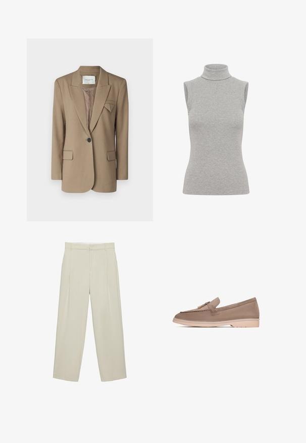 Brun blazer med et struktureret design, enkelt knaplukning, to forlomme og en trekantet akcent på kraven. Tekstureret stof.; Ærmeløs rullekrave top i lys grå ribbet stof. Har en figursyet silhuet og højt halsdesign. Glat tekstur med minimal detaljering.; Beige højtaljede skræddersyede bukser med sidelommer, bæltestropper og lynlås foran, i en rette bukseben pasform.; Brune læder loafer med en glat tekstur, der har et dekorativt bånd og guldfarvet hardware, hviler på en lys beige gummisål.