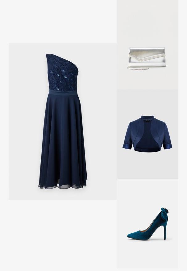 Marineblauwe satijnen bolerojas met korte pofmouwen, open voorkant en een merklabel aan de binnenkant van de kraag.; Marineblauwe jurk met één schouder, voorzien van een met pailletten versierde kantenkraag en een vloeiende rok. Soepele textuur met een getailleerde taille en gelaagde zoom.; Anna Field by Zalando Klassieke pumps - dark blue; Glanzende zilveren clutch met envelopvormige klep en decoratieve rand, klein zilveren kettingriempje, op een effen lichte achtergrond.