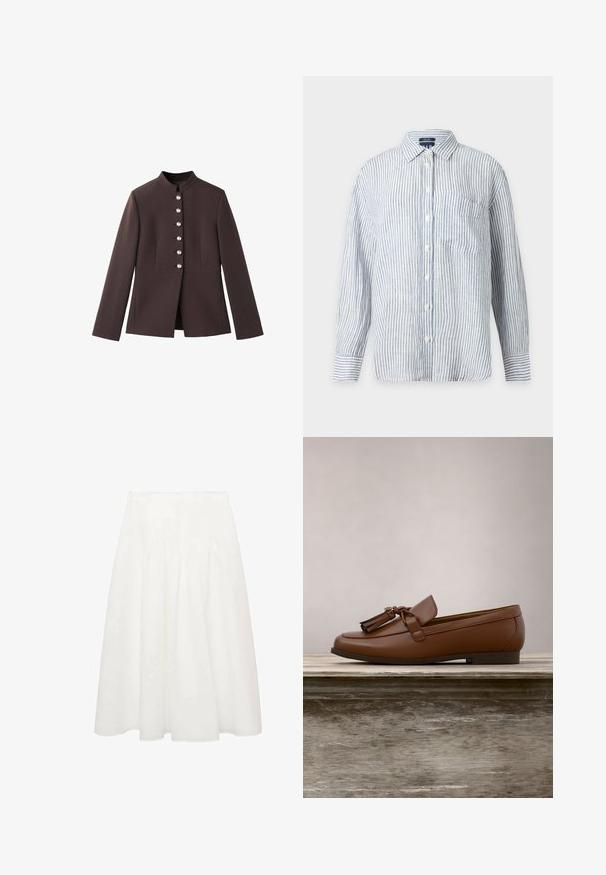 Veste marron foncé avec un col haut, présentant une fermeture à six boutons avec des accents ressemblant à des perles et des manches longues. Coupe ajustée.; Chemise à manches longues boutonnée avec des rayures verticales blanches et bleu clair, une poche poitrine avant et un col classique.; Jupe midi blanche en tissu léger, dotée d'une taille ajustée et de douces plis pour donner du volume. Texture lisse et fluide sans motifs.; Mocassin en cuir marron avec des pampilles posé en équilibre sur le bord d'une table en bois, feuillage vert flou en arrière-plan.