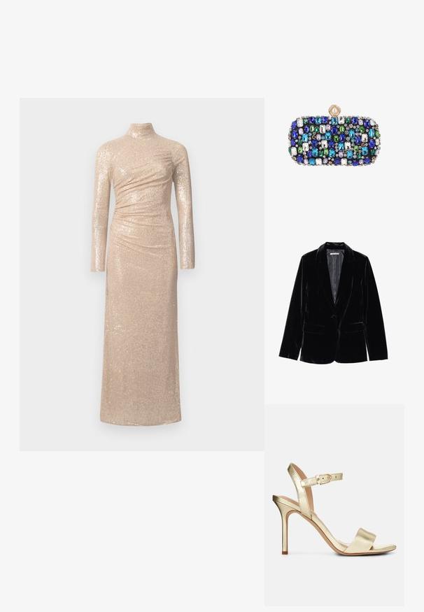 Zwarte fluwelen blazer met een gladde textuur, notch-lapels, sluiting met één knop en twee voorkruipzakken, weergegeven tegen een witte achtergrond.; Lang, aansluitend jurkje in een lichte beige kleur, gemaakt van paillettenstof. Heeft een hoge hals en lange mouwen met geraffineerde details.; Gouden metallic, gestrikte hoge hak sandaal met een gesp sluiting, open teen en een gladde textuur. Kenmerkt zich door een slanke, puntige hak.; Kleine rechthoekige clutchtas versierd met meerkleurige blauwe, groene, witte en paarse edelstenen en een ronde parelgesp.