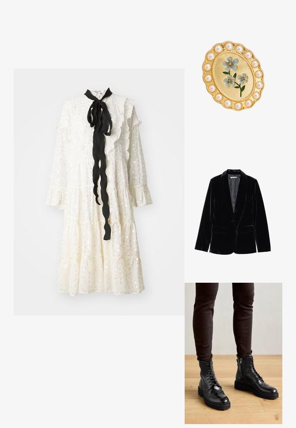 Schwarzer Samtblazer mit glatter Textur, mit Reverskragen, Ein-Knopf-Verschluss und zwei Fronttaschen, vor einem weißen Hintergrund präsentiert.; Weißes Kleid mit Rüschenausschnitt und -ärmeln, versehen mit einer schwarzen Schleifenbindung und einem strukturierten Stoff mit Pailletten. Gestuften Design mit fließender Silhouette.; Schwarze LederStiefeletten mit Brogue-Details, Schnürung, seitlichen Reißverschlüssen und strukturierten Gummi-Sohlen. Kombiniert mit dunklen Slim-Fit-Hosen.; Goldene ovale Brosche mit blauen Emailleblumen in der Mitte, umgeben von einem Kranz aus runden weißen Perlen.
