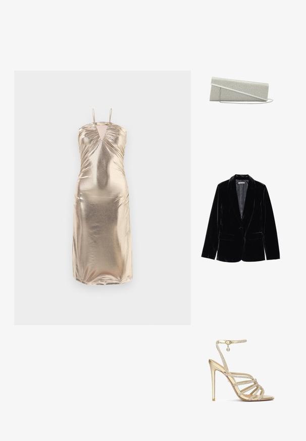 Čierny velvetový blazer s hladkou textúrou, so zúženými klopami, jedným gombíkom na zapínanie a dvoma prednými vreckami, vystavený na bielom pozadí.; Metalická zlatá šaty bez rukávov s výstrihom do V, so skladaním na hrudníku a tele, a priliehavým strihom siahajúcim po stredný lýtk.; Zlaté sandále na vysokom podpätku s viacnásobnými pásikmi zdobenými kryštálmi a s remienkom okolo členka, s hladkým metalickým povrchom a špicatou špičkou.; Malá strieborná obdĺžniková kabelka s diagonálnym detailom na klopou a tenkým ramenným popruhom, pokrytá drobnými trblietavými kamienkami.