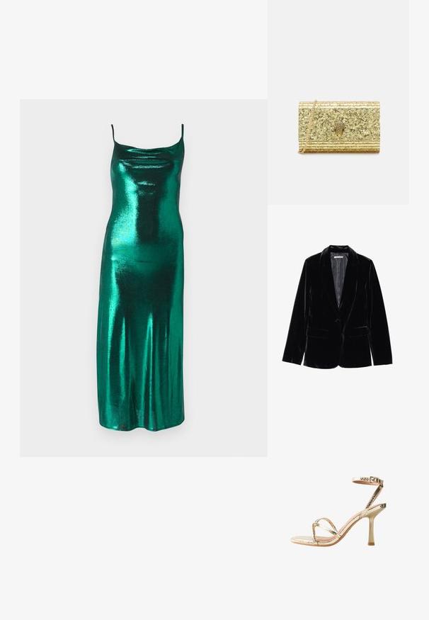 Zwarte fluwelen blazer met een gladde textuur, notch-lapels, sluiting met één knop en twee voorkruipzakken, weergegeven tegen een witte achtergrond.; Metallisch groene satijnen slipdress met dunne bandjes en een gedrapeerde halslijn, met een aansluitende pasvorm die doorloopt naar een middenlang zoom.; Gouden metallic hoge hak sandaal met een slanke enkelband en gekruiste voorbanden. Gladde textuur en dunne stiletto hak ontwerp.; Gouden glitter clutchesac met een gestructureerd oppervlak, voorzien van een decoratieve gouden embleem en een kettinghengsel. Rechteckige vorm met gestructureerde zijkanten.