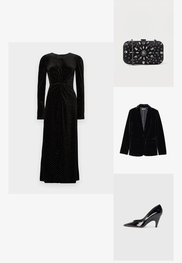 Schwarzer Samtblazer mit glatter Textur, mit Reverskragen, Ein-Knopf-Verschluss und zwei Fronttaschen, vor einem weißen Hintergrund präsentiert.; Schwarzes Samtkleid mit langen Ärmeln, einem geknoteten Vorderdesign und weißen Punkten, das eine bodenlange Silhouette hat.; Schwarzer Lackleder-High-Heel-Schuh mit spitz zulaufender Zehenpartie und geschwungenem Absatz, der eine glatte, reflektierende Oberfläche aufweist.; Schwarze Clutch mit rechteckiger Form, verziert mit verschiedenen Strasssteinen in einem floralen Muster, ausgestattet mit einer silbernen Kette zum Tragen.