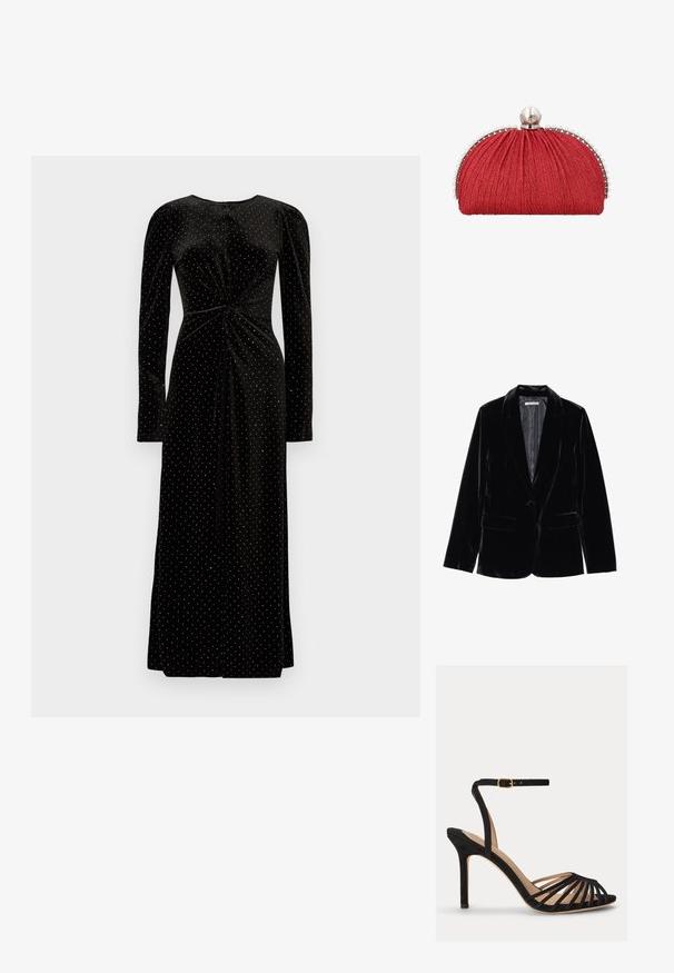 Zwarte fluwelen blazer met een gladde textuur, notch-lapels, sluiting met één knop en twee voorkruipzakken, weergegeven tegen een witte achtergrond.; Zwarte fluwelen jurk met lange mouwen, een geknoopte voorkant en witte stippenaccenten, met een vloerlangen silhouet.; Zwarte sandaal met hoge hak, open teen, meerdere dunne voorste bandjes en een verstelbaar enkelbandje met een gouden gesp.; Rode stoffen clutch met geplooide structuur, zilveren rand versierd met kleine parels en een grote parelsluiting bovenop.