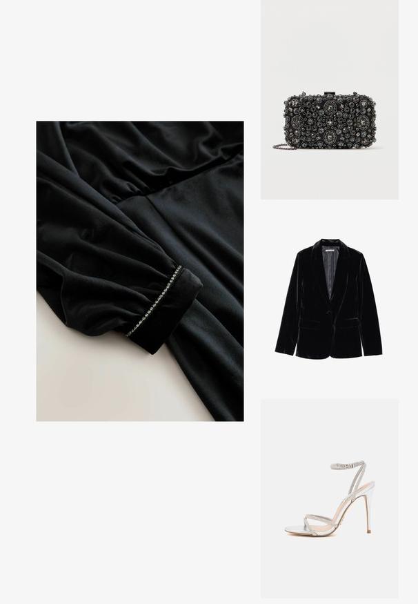Blazer en velours noir avec une texture lisse, revers cranté, fermeture à un bouton et deux poches avant, présenté sur un fond blanc.; Robe en velours noir à manches longues, présentant des détails froncés à la taille et des poignets ornés d'une rangée de petits accents brillants.; Sandale à talons hauts en argent avec des fines lanières, ornée de strass, présentant un design épuré et un bout pointu.; Pochette noire ornée de rhinestones ronds et ovales de différentes tailles, avec une chaîne en argent et un fermoir.